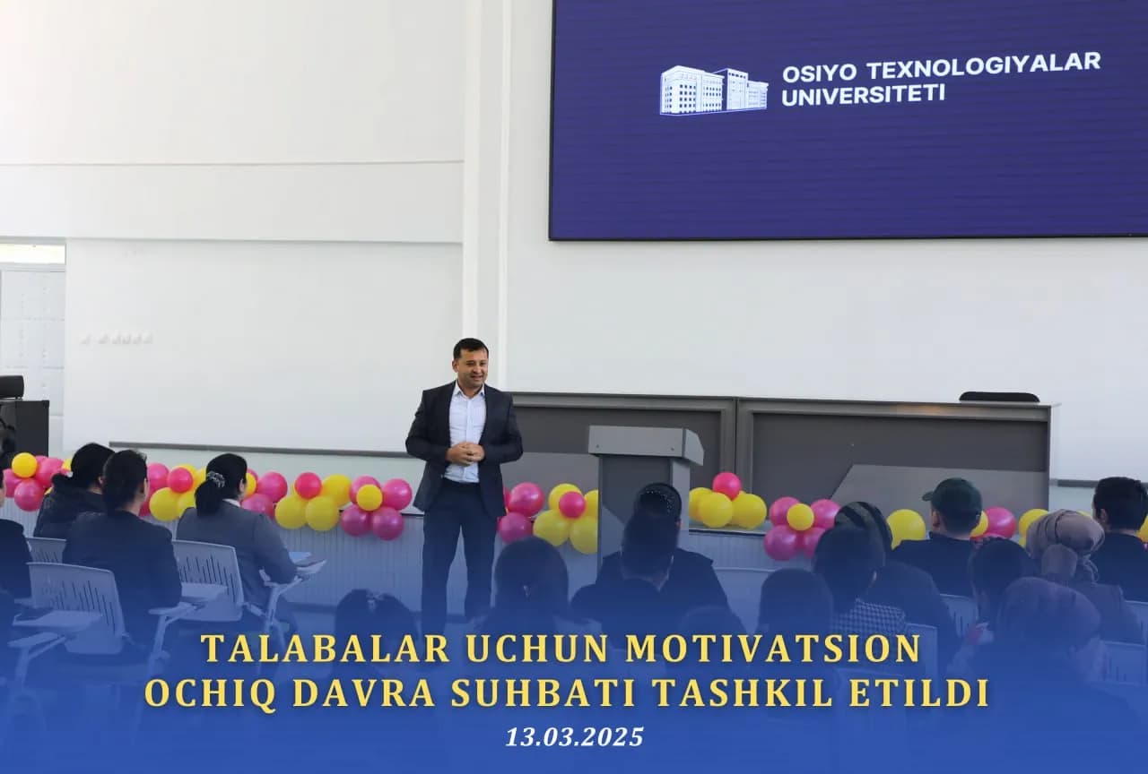 Motivatsion ochiq davra suhbatida U.Axunjonov tomonidan "Najot — ta'limda" mavzusidagi taqdimot namoyish qilindi va talabalarga ilm orqali yuksak marralarga erishish yo'llari haqida batafsil fikr yuritildi.