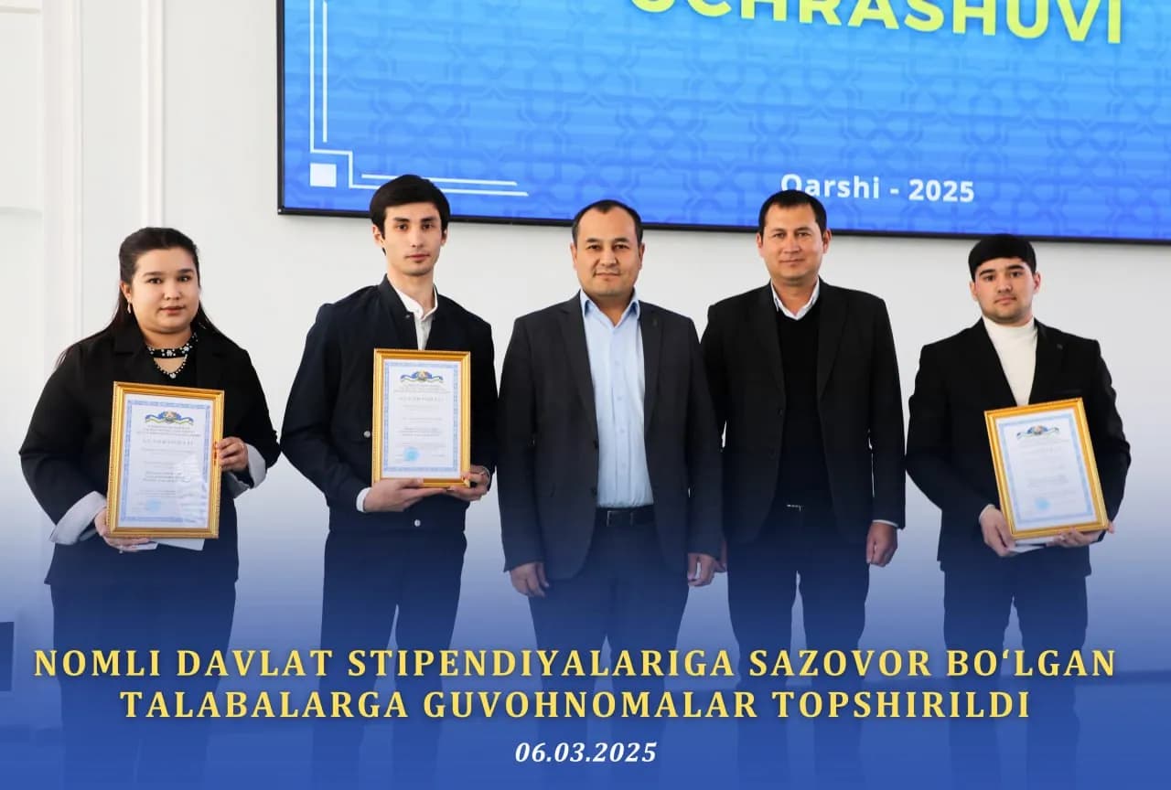 Osiyo texnologiyalar universitetida nomli davlat stipendiyalariga sazovor bo‘lgan talabalarni taqdirlash marosimi tashkil etildi. Tadbir davomida stipendiatlarga guvohnomalar topshirilib, yoshlarning ilmiy va kasbiy rivojlanishi bo‘yicha tavsiyalar berildi.