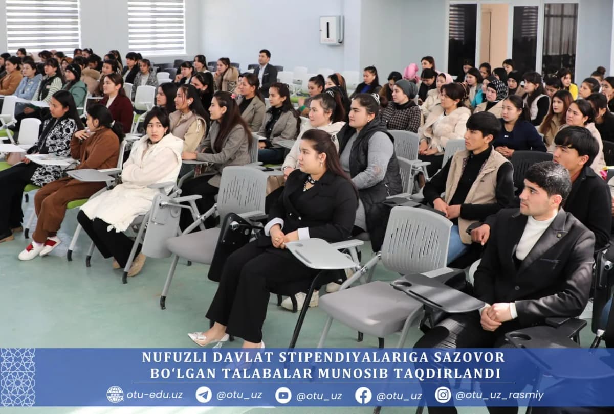 Osiyo texnologiyalar universitetida nomli davlat stipendiyalariga sazovor bo‘lgan talabalarni taqdirlash marosimi tashkil etildi. Tadbir davomida stipendiatlarga guvohnomalar topshirilib, yoshlarning ilmiy va kasbiy rivojlanishi bo‘yicha tavsiyalar berildi.