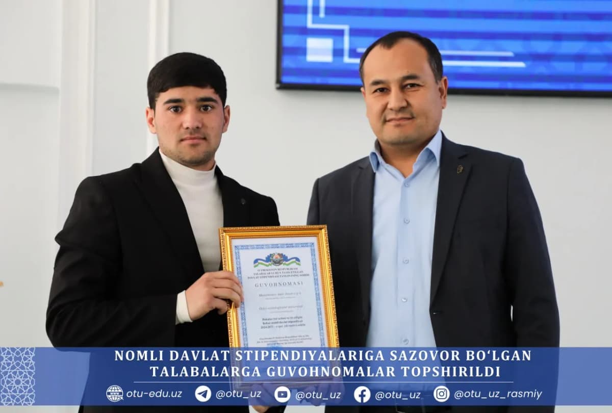 Osiyo texnologiyalar universitetida nomli davlat stipendiyalariga sazovor bo‘lgan talabalarni taqdirlash marosimi tashkil etildi. Tadbir davomida stipendiatlarga guvohnomalar topshirilib, yoshlarning ilmiy va kasbiy rivojlanishi bo‘yicha tavsiyalar berildi.