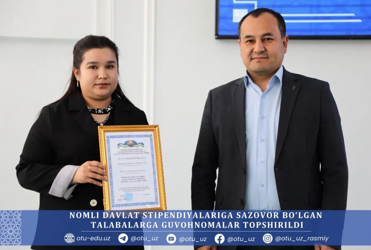 Osiyo texnologiyalar universitetida nomli davlat stipendiyalariga sazovor bo‘lgan talabalarni taqdirlash marosimi tashkil etildi. Tadbir davomida stipendiatlarga guvohnomalar topshirilib, yoshlarning ilmiy va kasbiy rivojlanishi bo‘yicha tavsiyalar berildi.